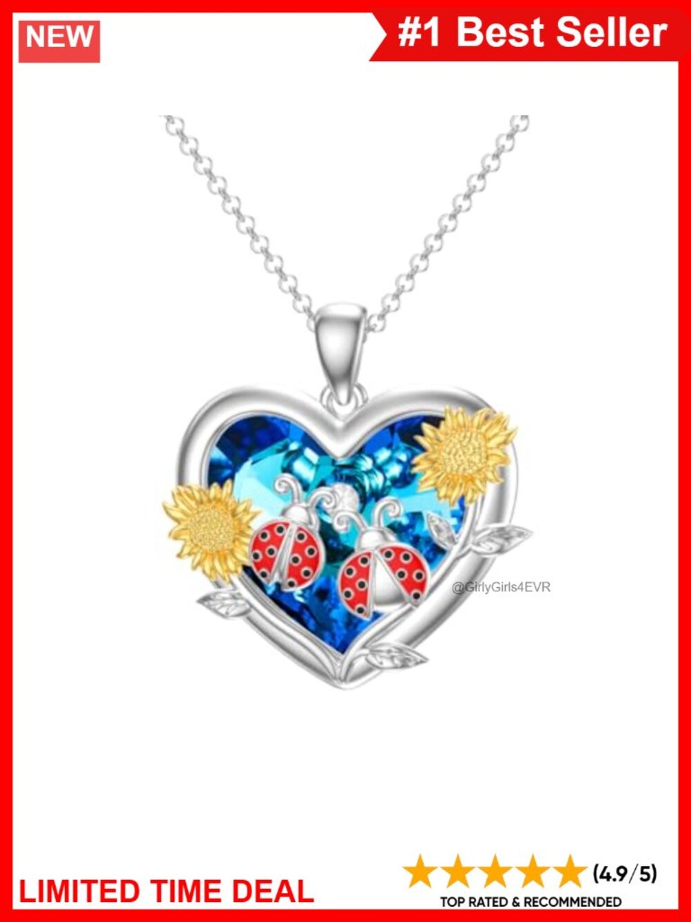 Ladybug Sunflower Heart Pendant Necklace 925 Sterling Silver Crystal